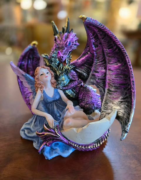 Metallic Pink Guardian Dragon and Blue Fairy Figurine